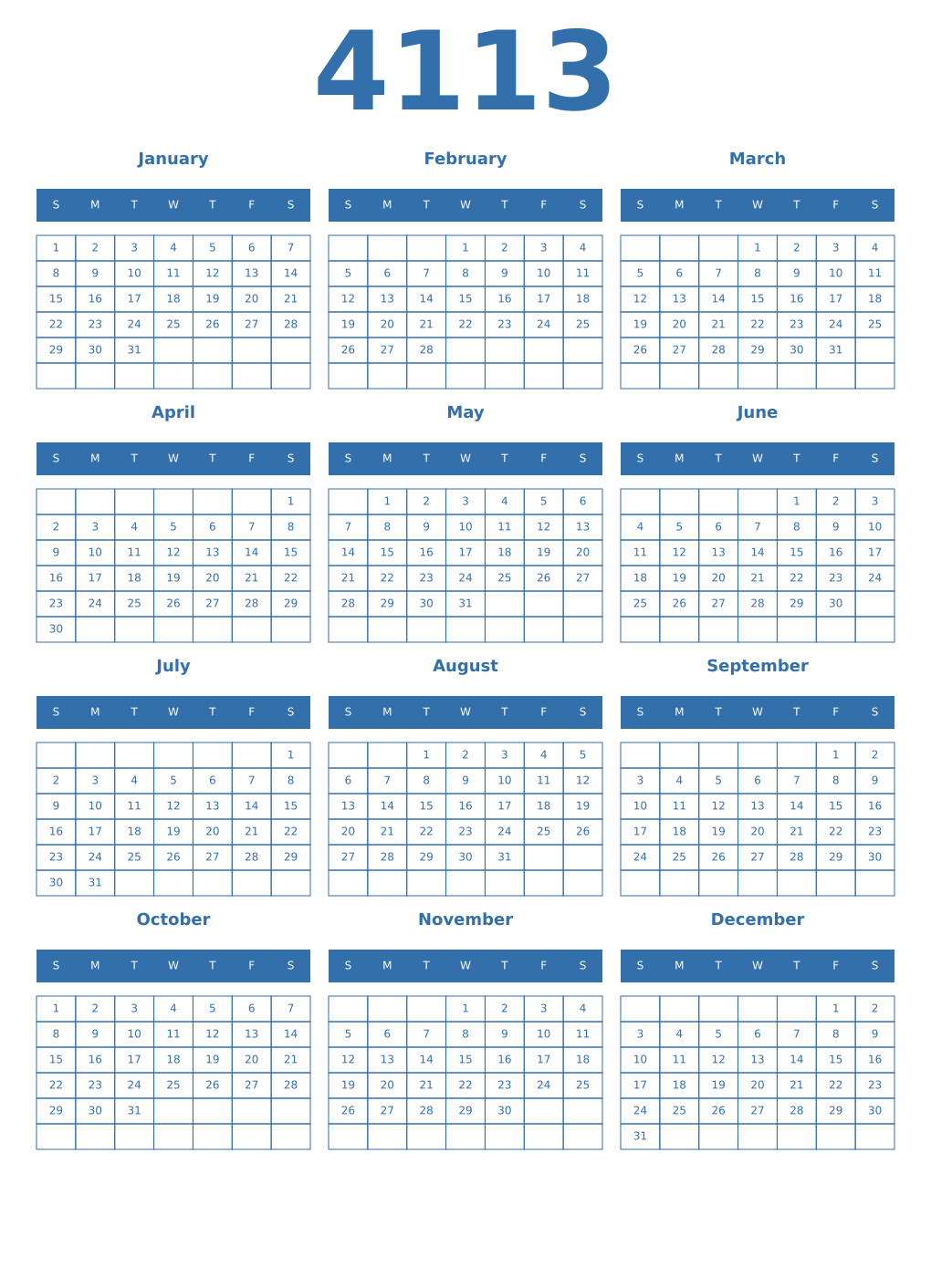 Printable 4113 Year Calendars blue