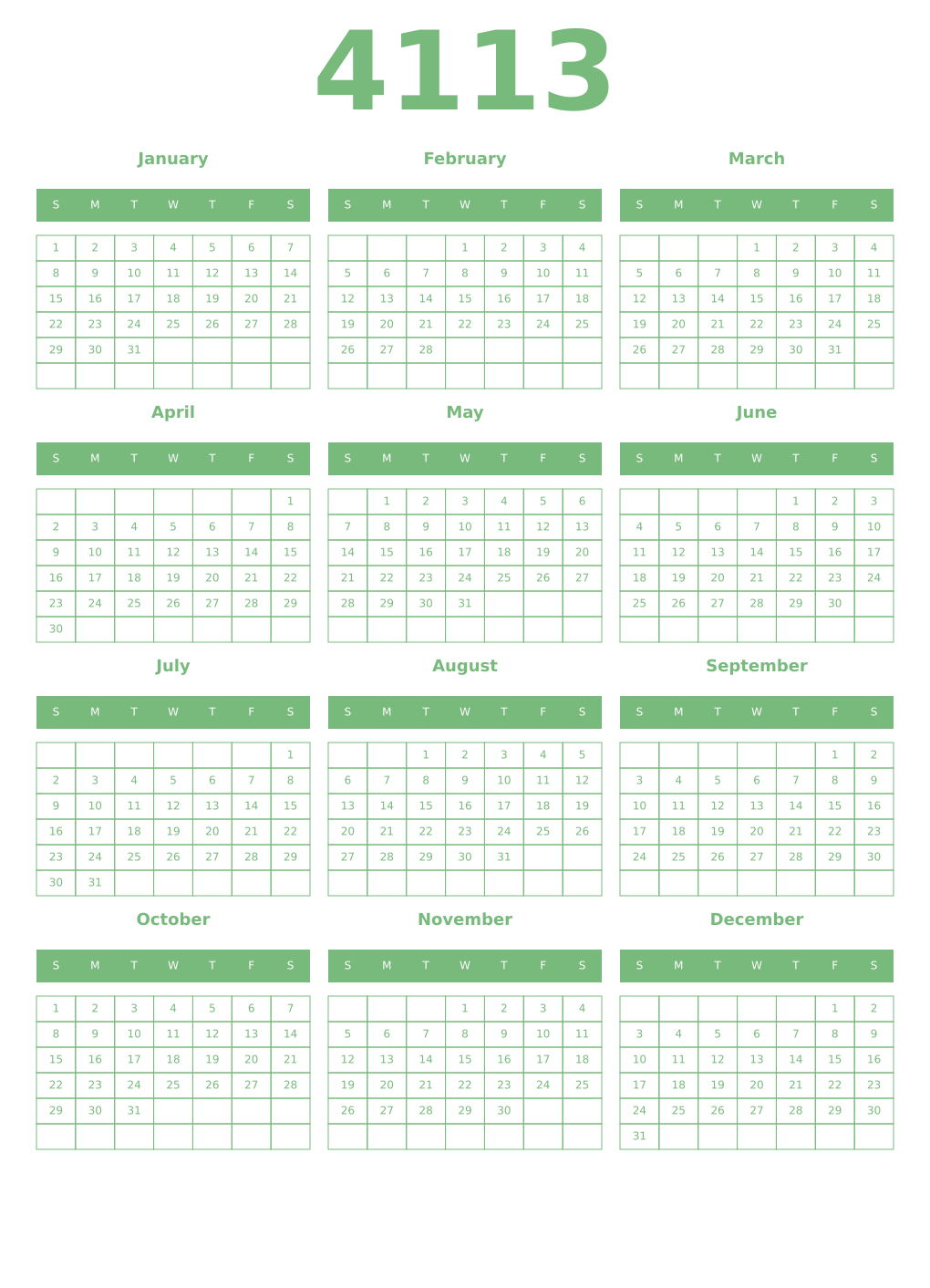 Printable 4113 Year Calendars celadon