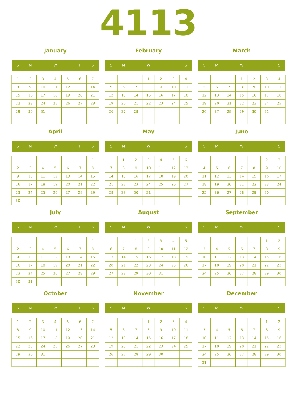 Printable 4113 Year Calendars chartreuse