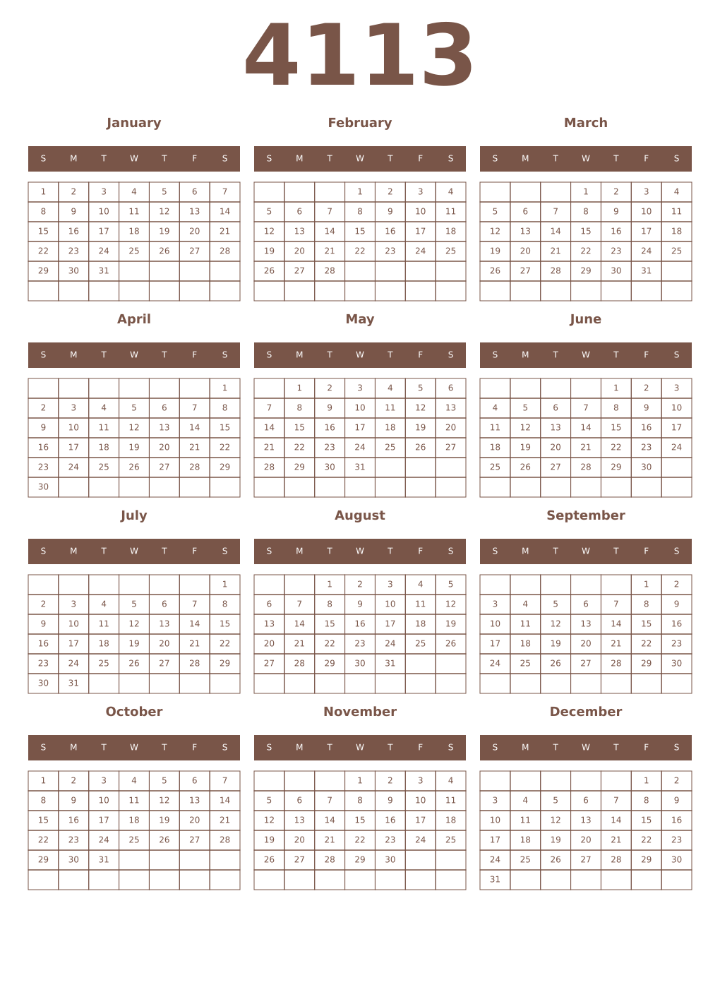 Printable 4113 Year Calendars coffe