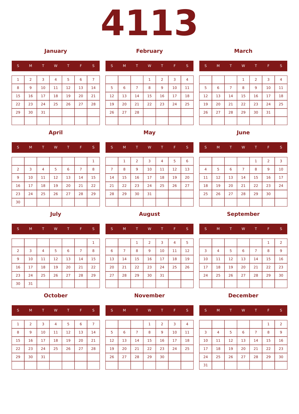Printable 4113 Year Calendars falu