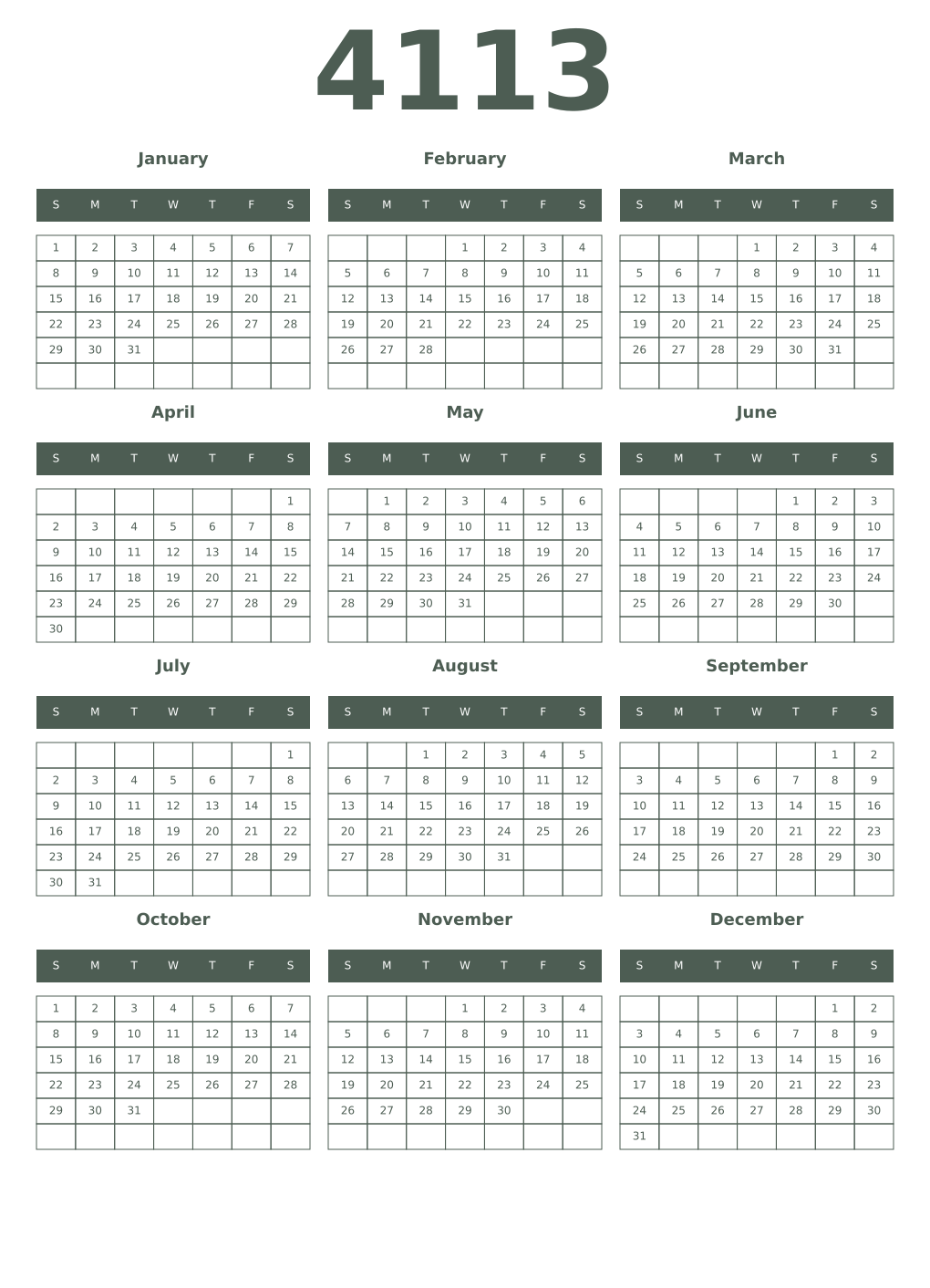 Printable 4113 Year Calendars feldgrau
