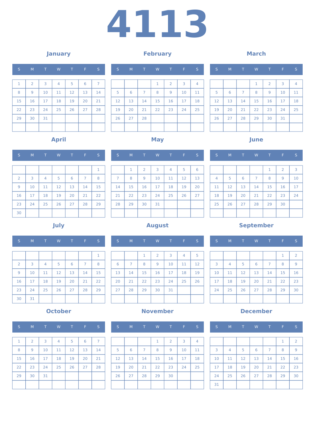 Printable 4113 Year Calendars glaucous