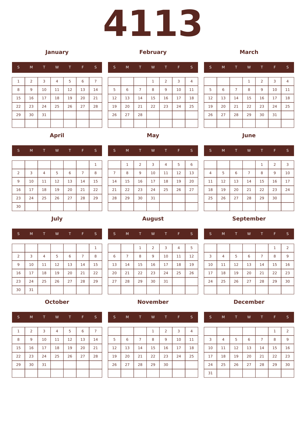 Printable 4113 Year Calendars mortuum