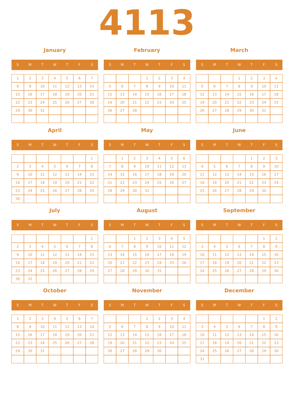 Printable 4113 Year Calendars orange