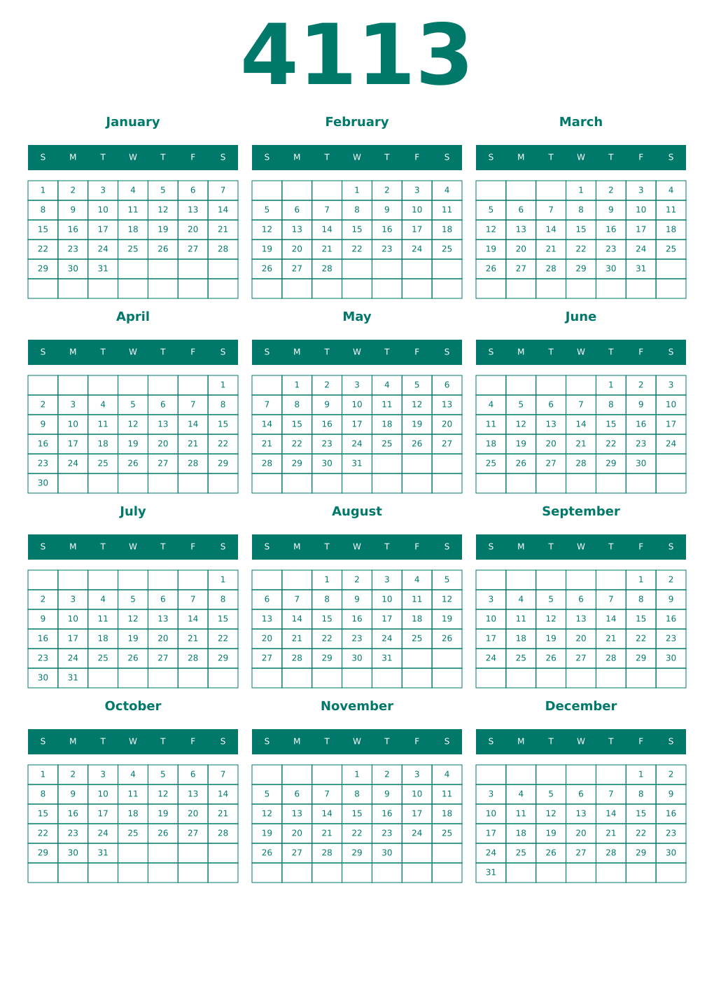 Printable 4113 Year Calendars pastel