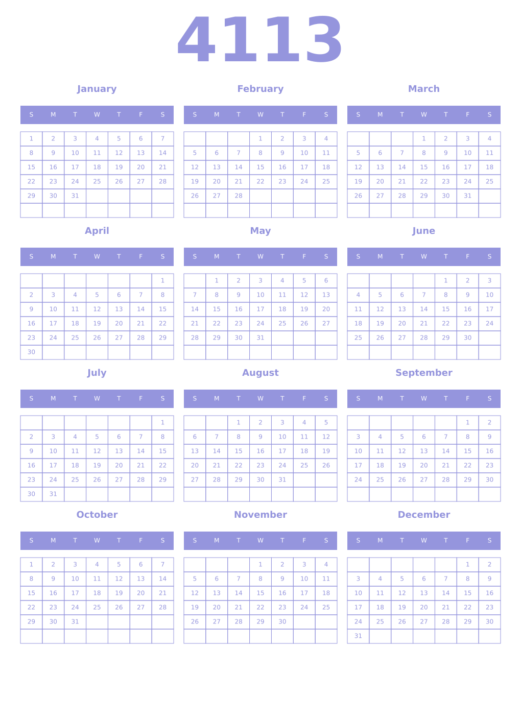 Printable 4113 Year Calendars periwinkle