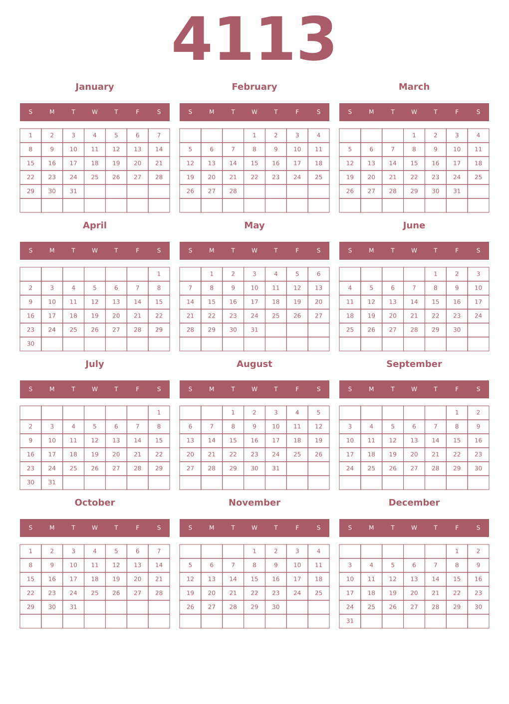 Printable 4113 Year Calendars puce
