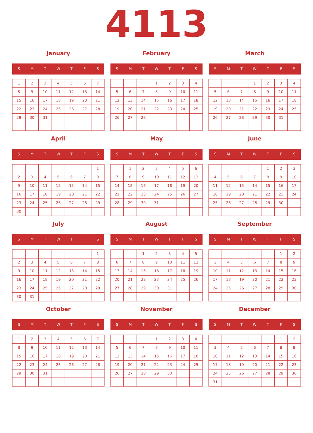 Printable 4113 Year Calendars red