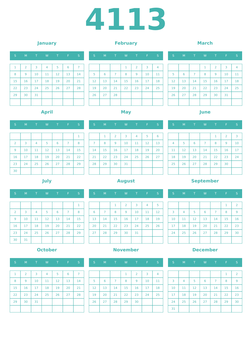 Printable 4113 Year Calendars verdigris