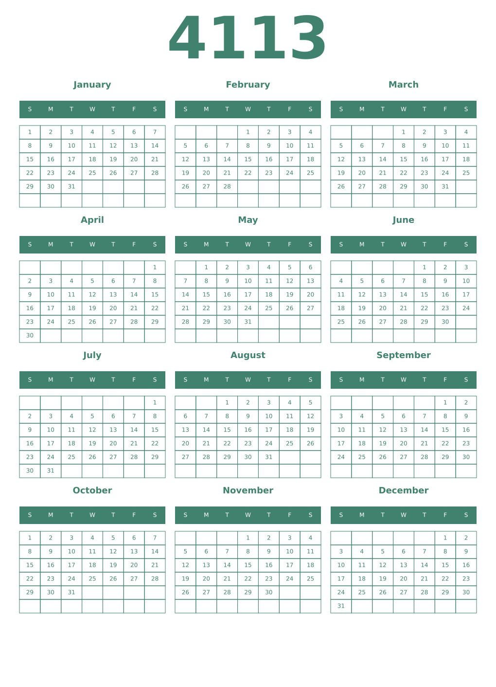Printable 4113 Year Calendars viridian