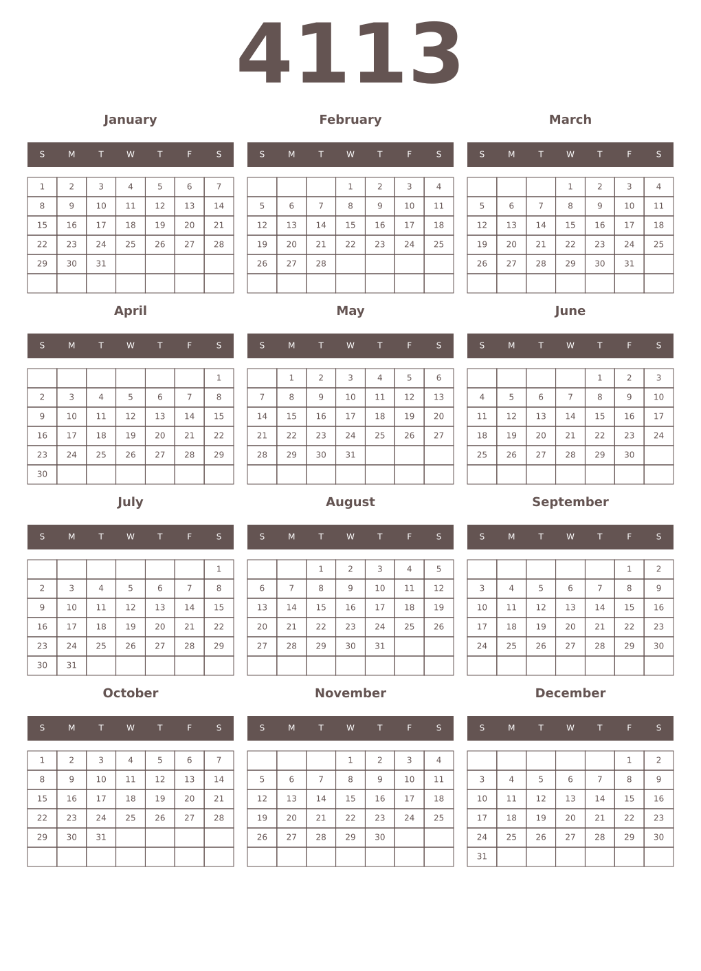 Printable 4113 Year Calendars wenge