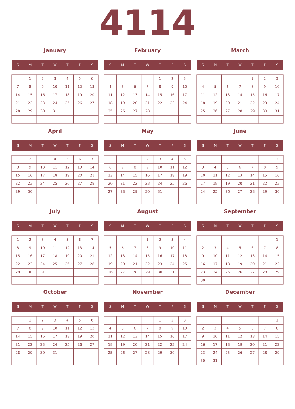 Printable 4114 Year Calendars cordovan