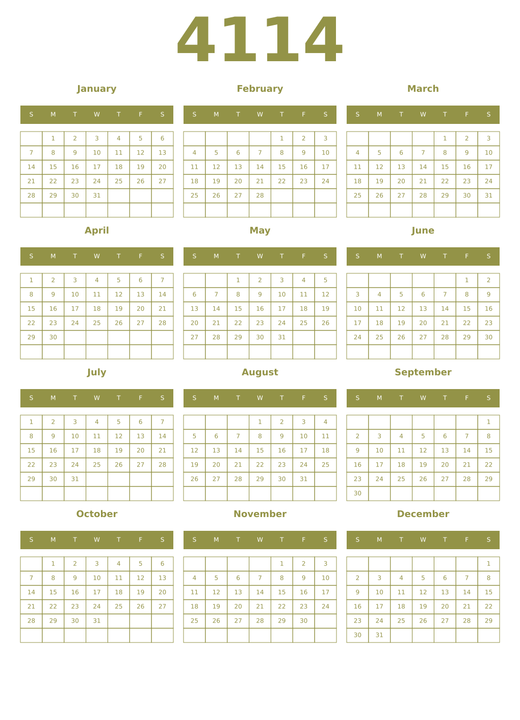 Printable 4114 Year Calendars eburnean