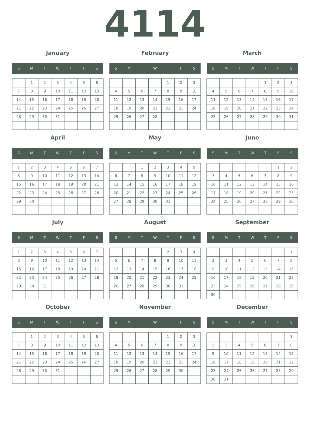 Printable 4114 Year Calendars feldgrau