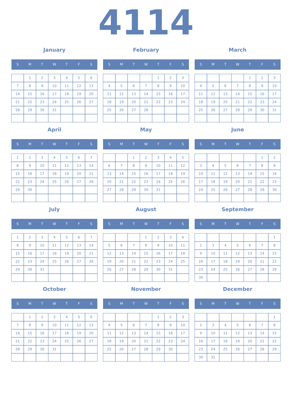 Printable 4114 Year Calendars glaucous