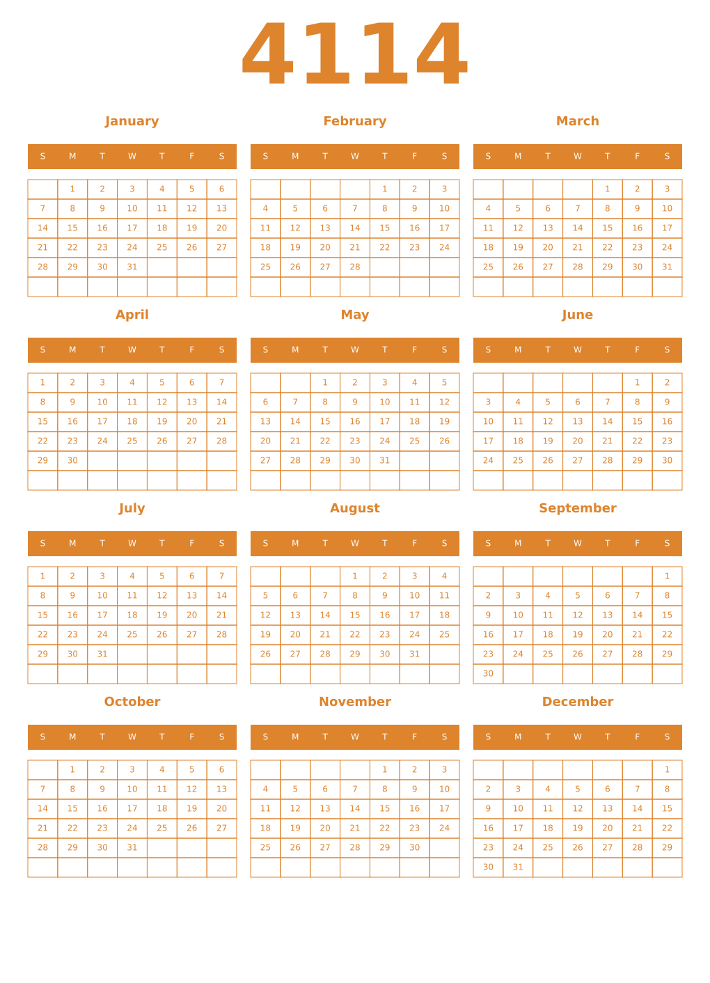 Printable 4114 Year Calendars orange