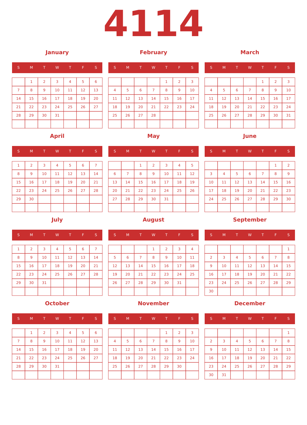 Printable 4114 Year Calendars red