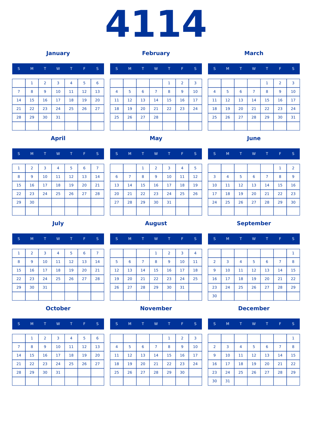 Printable 4114 Year Calendars smalt