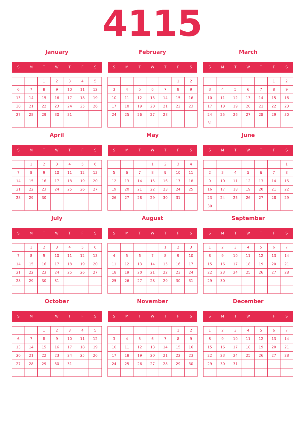 Printable 4115 Year Calendars amaranth