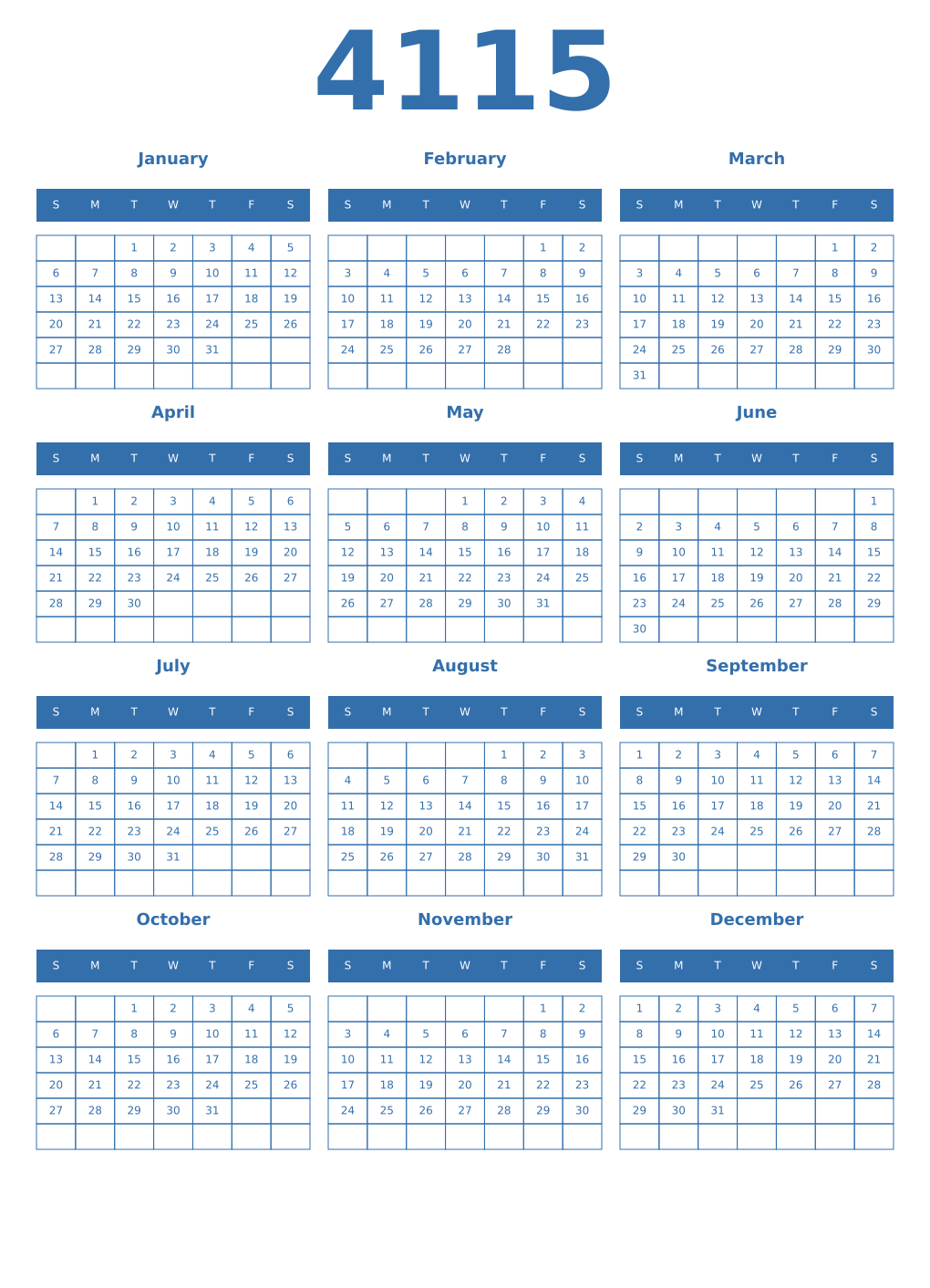 Printable 4115 Year Calendars blue