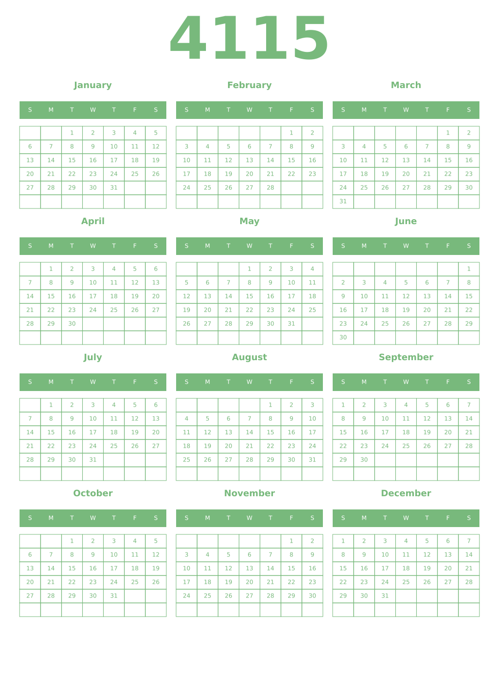 Printable 4115 Year Calendars celadon
