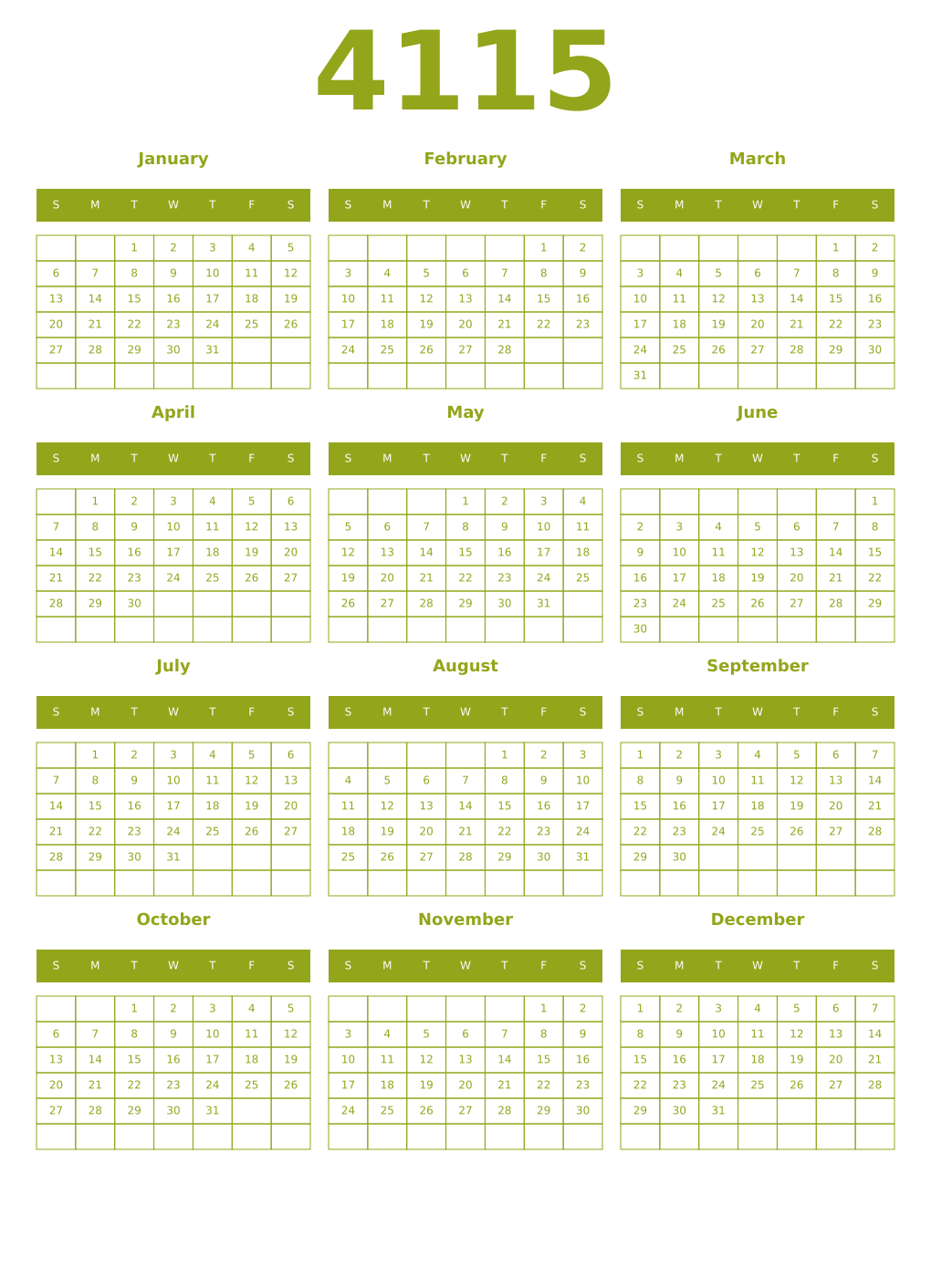 Printable 4115 Year Calendars chartreuse