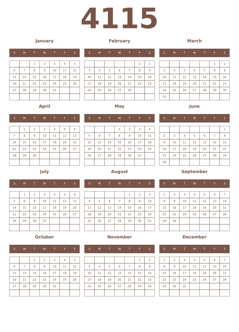 Printable 4115 Year Calendars coffe