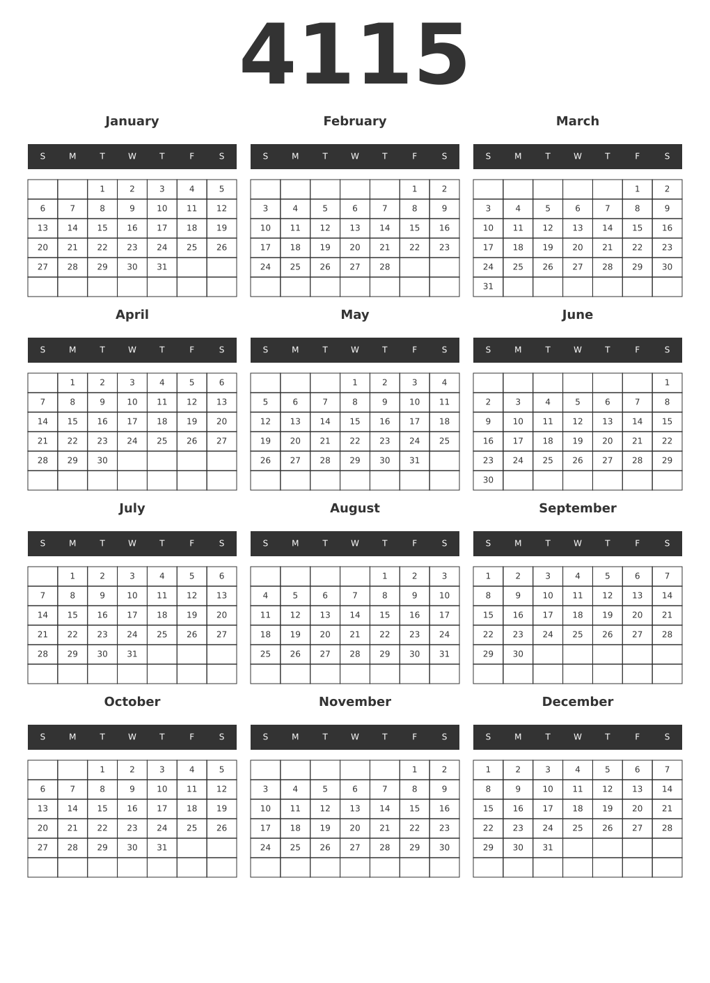 Printable 4115 Year Calendars dark