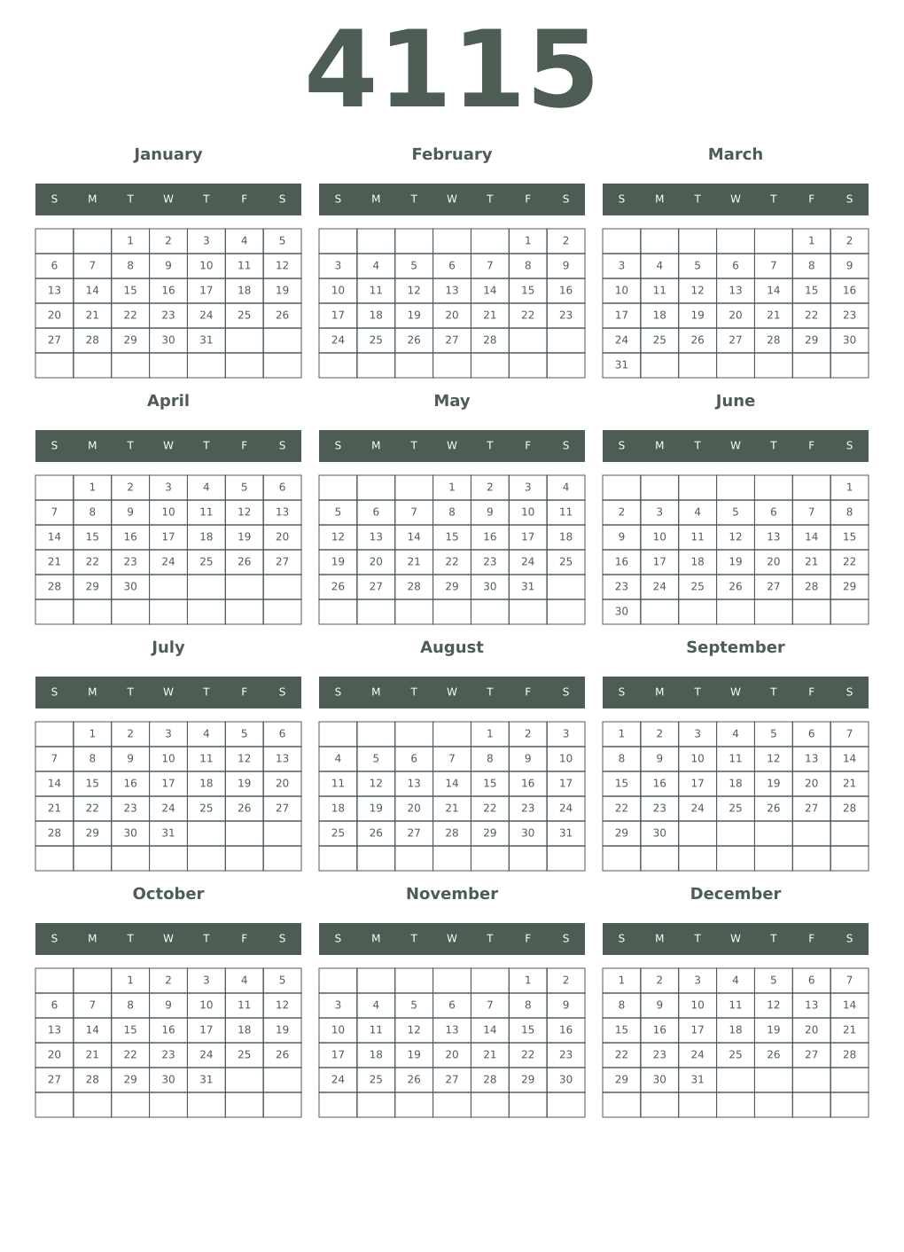 Printable 4115 Year Calendars feldgrau