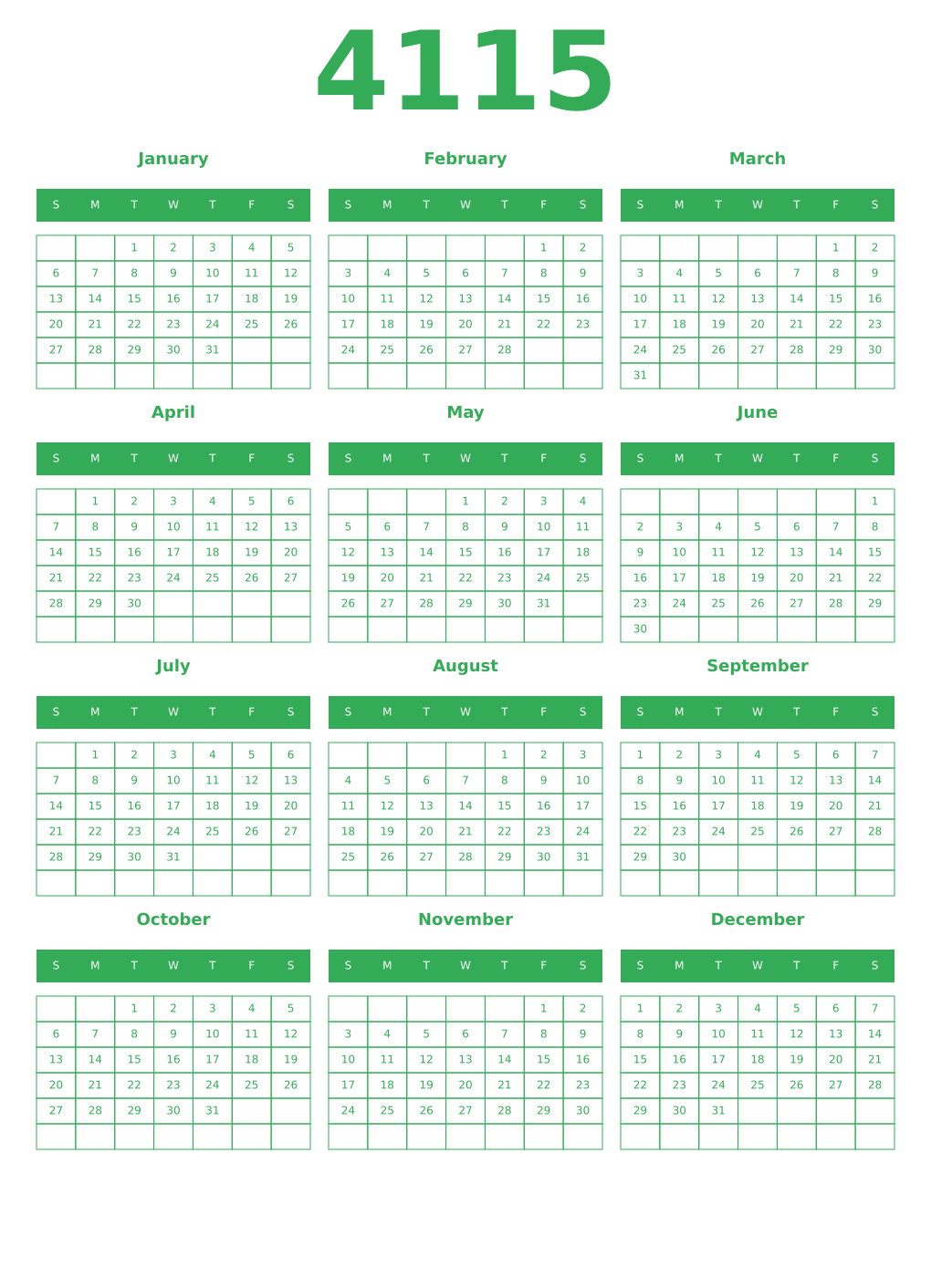 Printable 4115 Year Calendars green