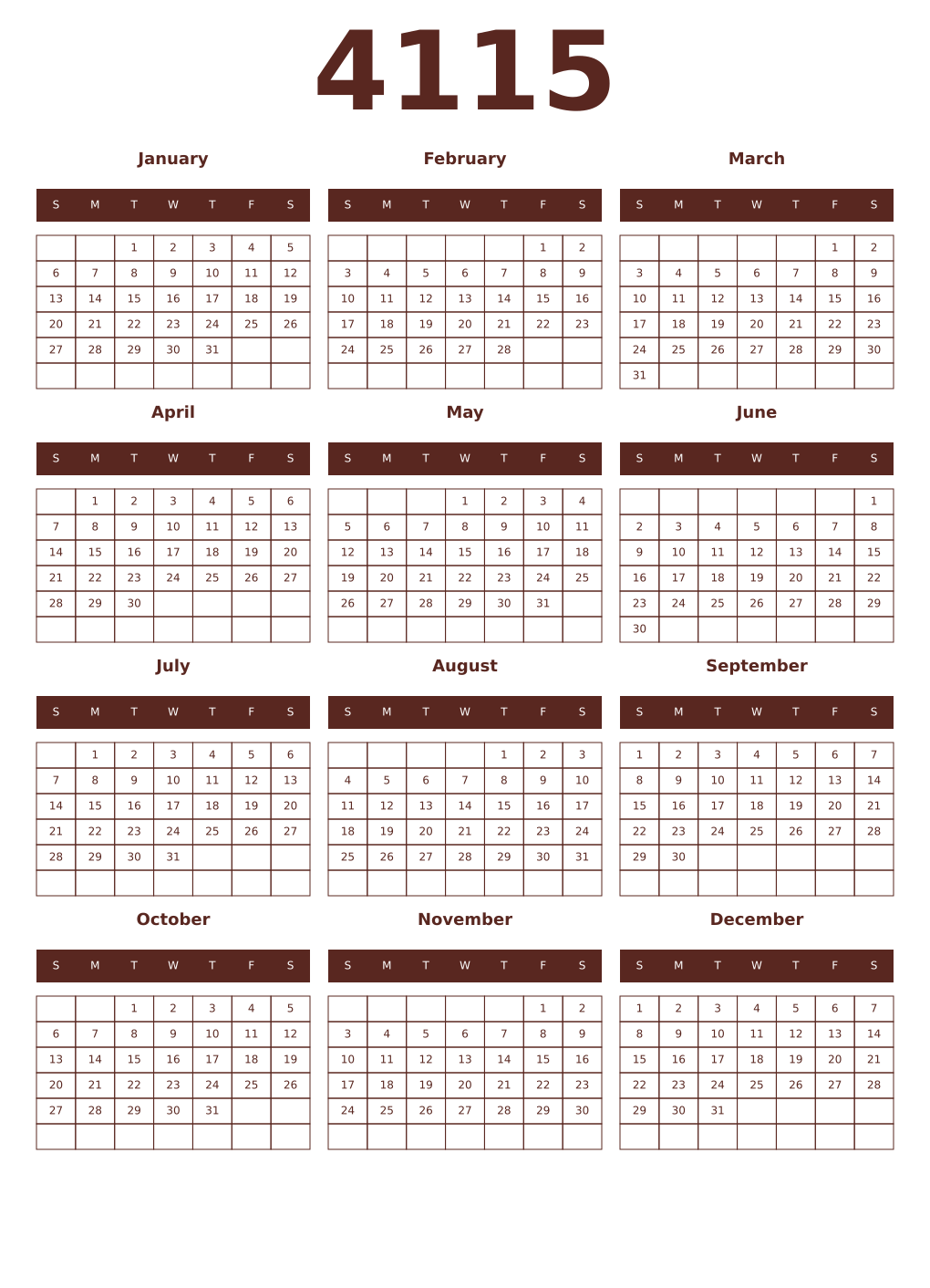 Printable 4115 Year Calendars mortuum