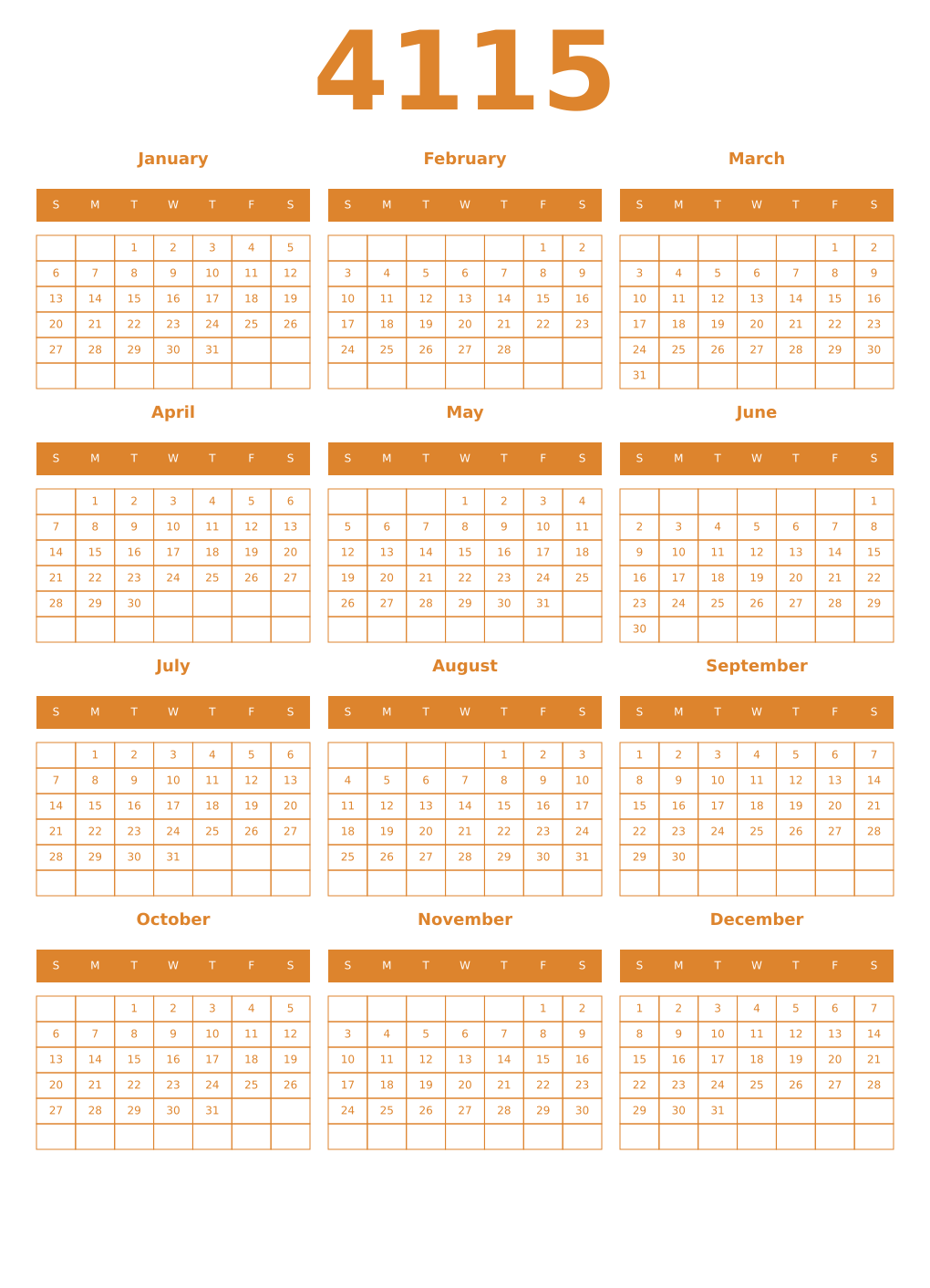 Printable 4115 Year Calendars orange