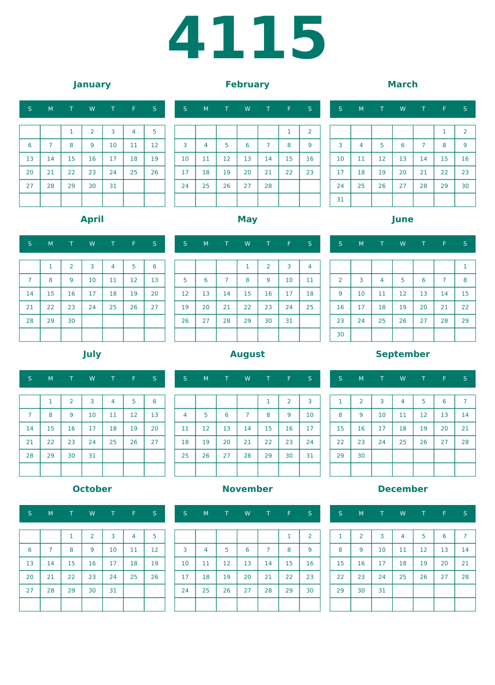 Printable 4115 Year Calendars pastel
