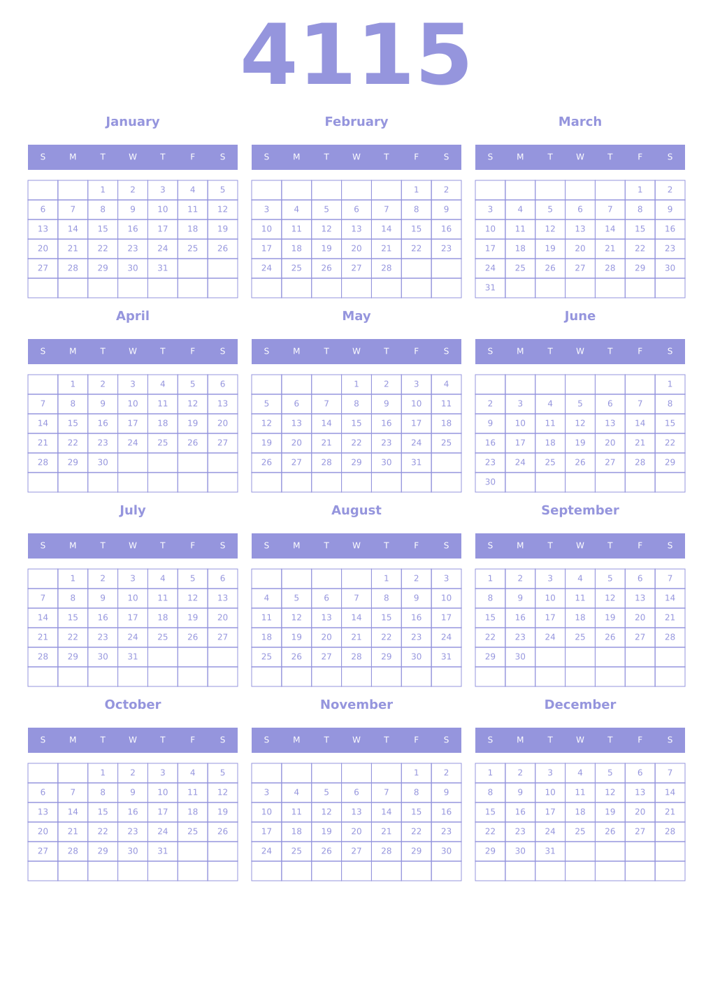 Printable 4115 Year Calendars periwinkle