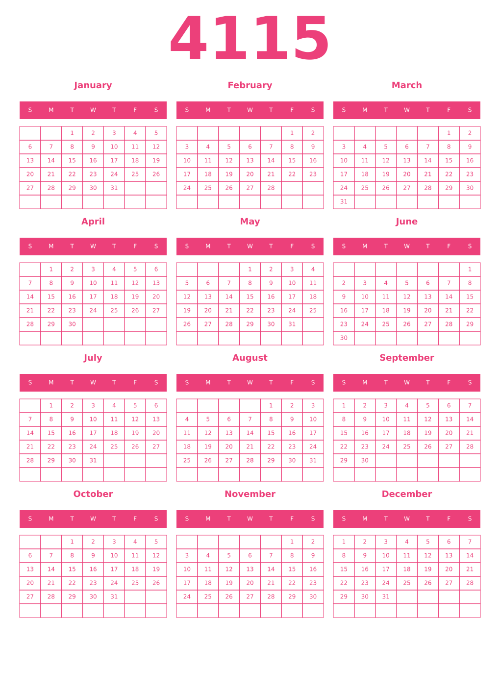Printable 4115 Year Calendars pink