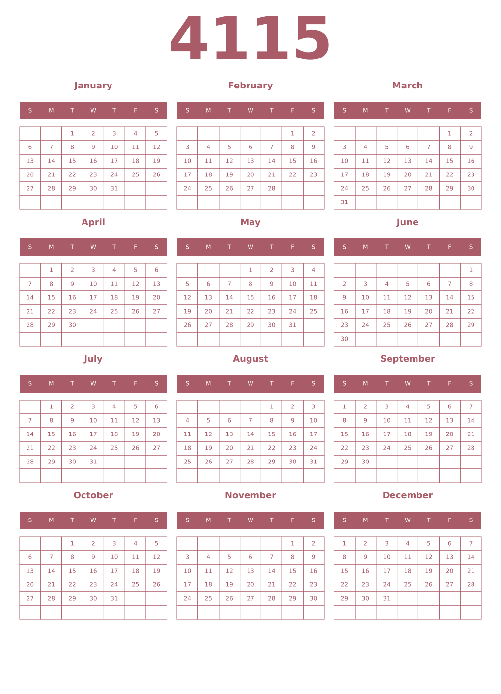 Printable 4115 Year Calendars puce