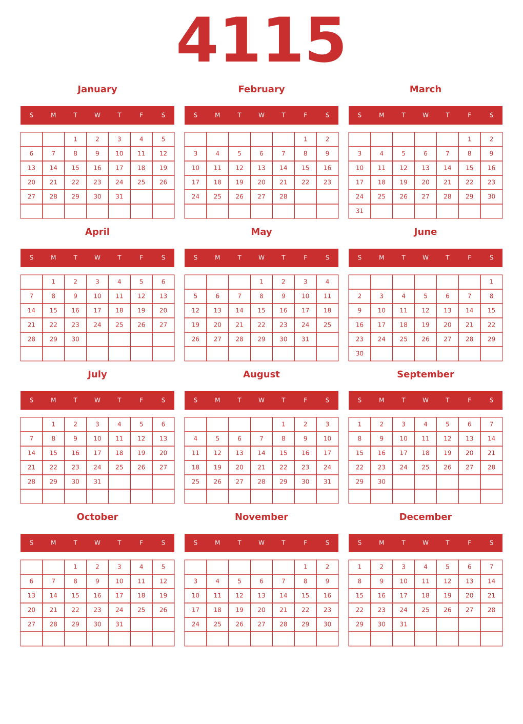 Printable 4115 Year Calendars red