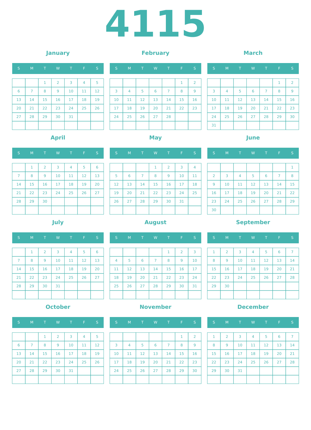 Printable 4115 Year Calendars verdigris