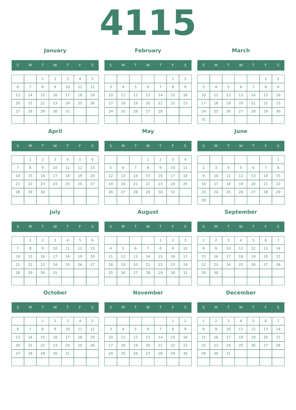 Printable 4115 Year Calendars viridian