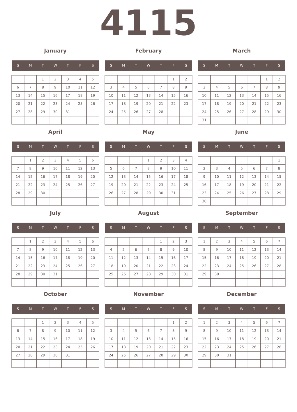 Printable 4115 Year Calendars wenge
