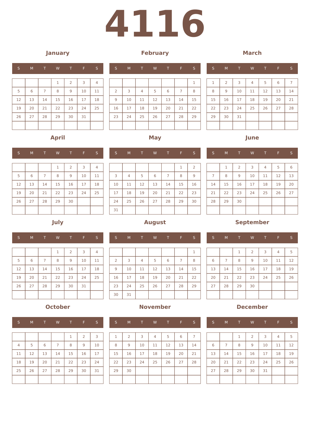 Printable 4116 Year Calendars coffe