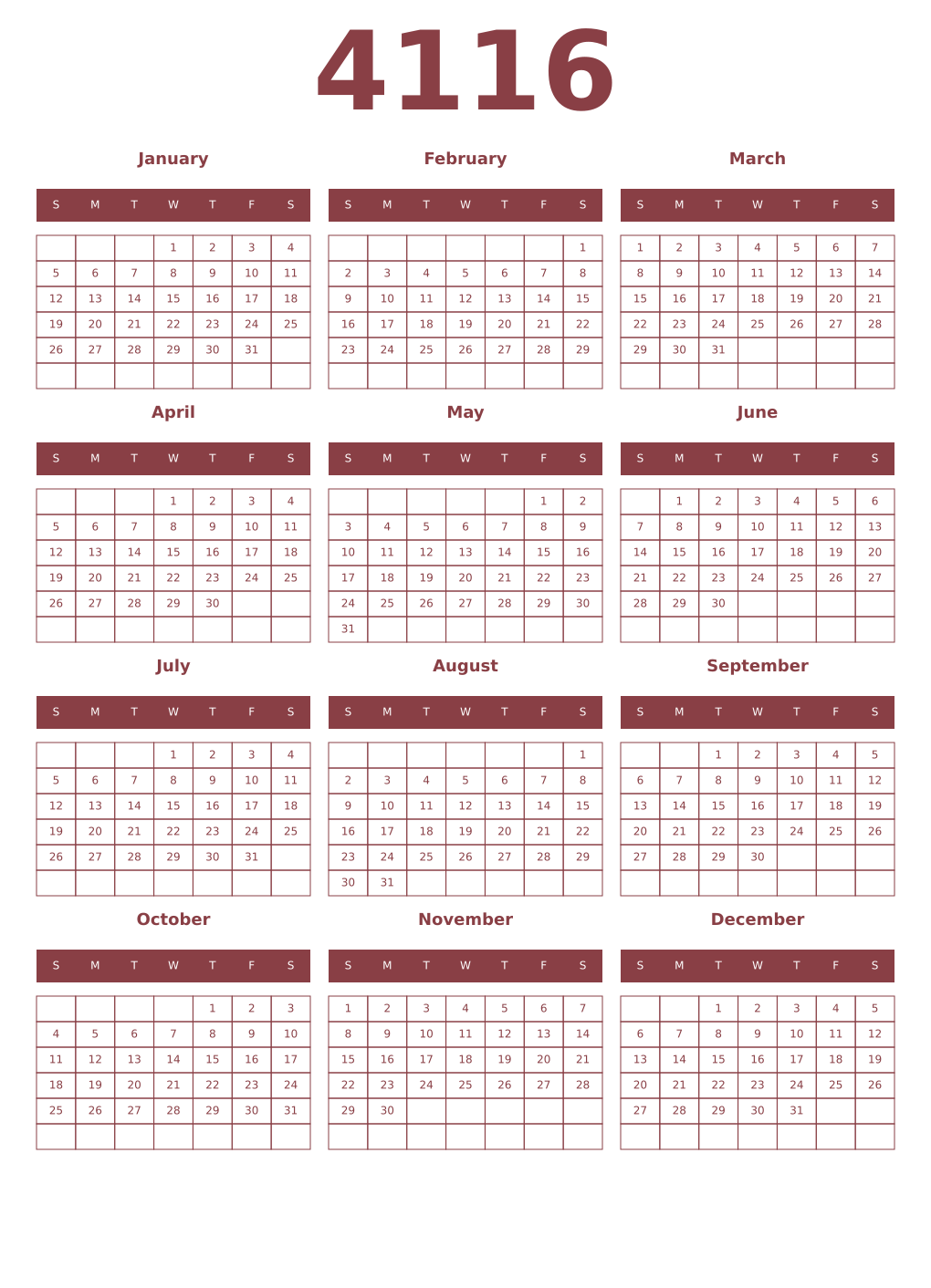 Printable 4116 Year Calendars cordovan