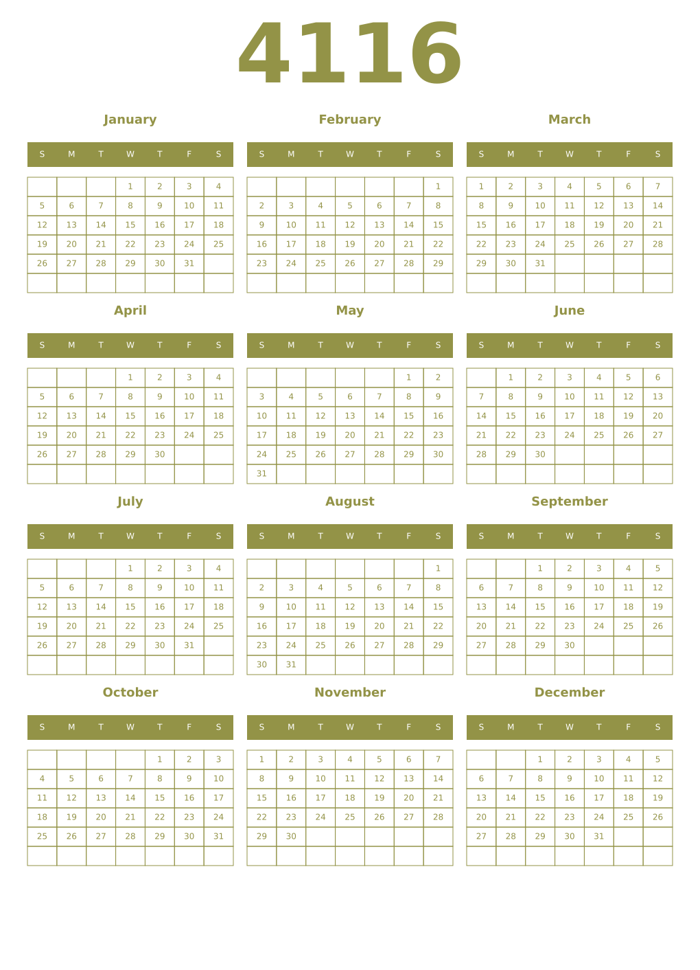 Printable 4116 Year Calendars eburnean