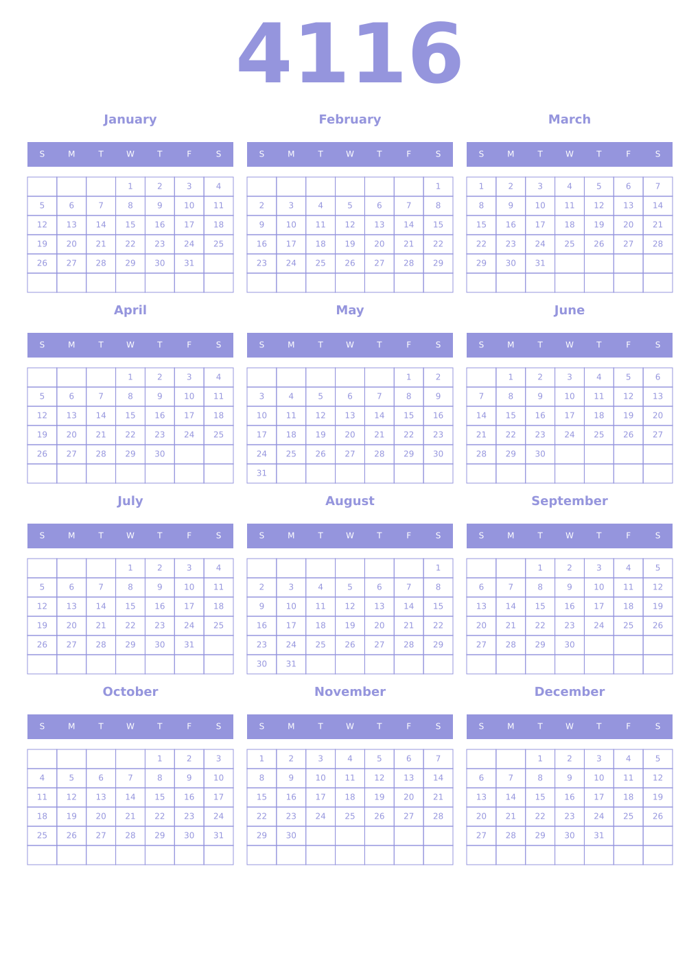 Printable 4116 Year Calendars periwinkle