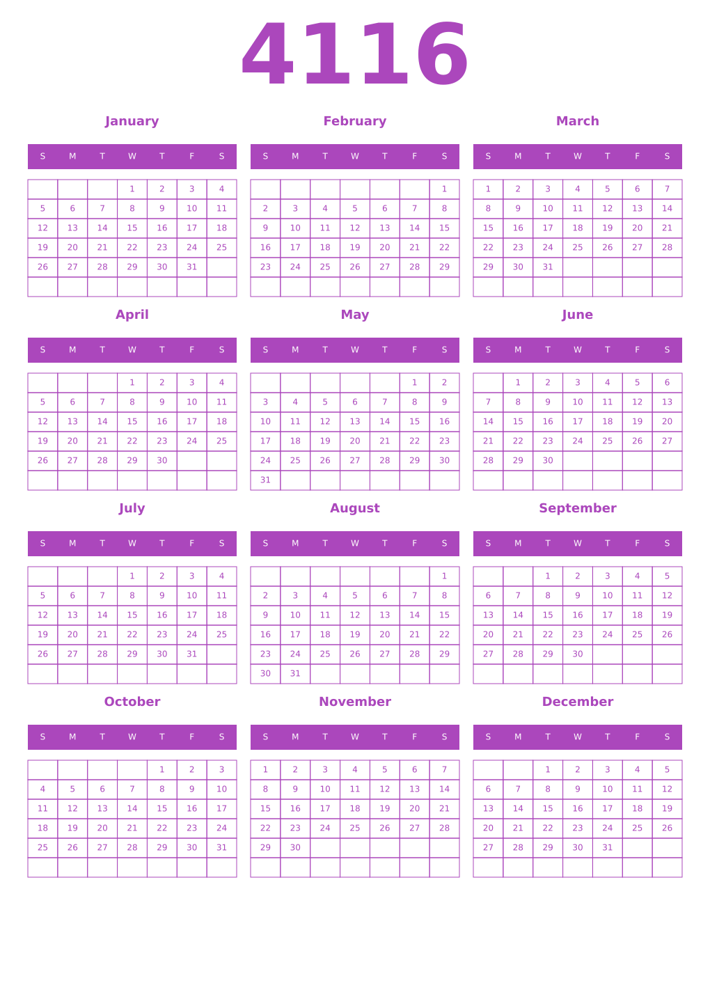 Printable 4116 Year Calendars purple