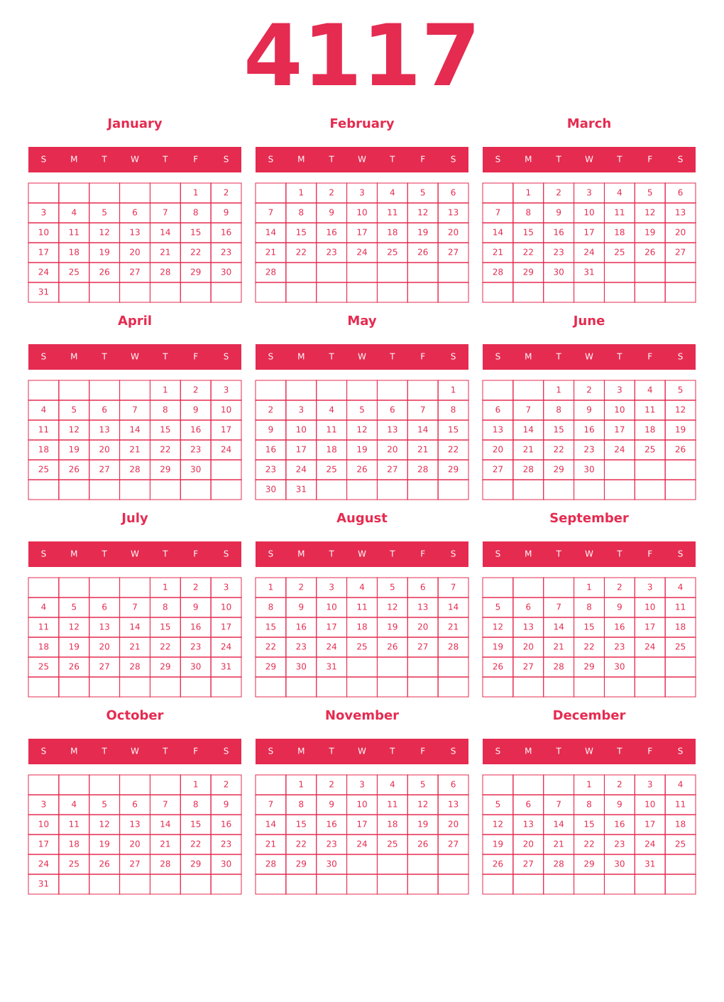 Printable 4117 Year Calendars amaranth