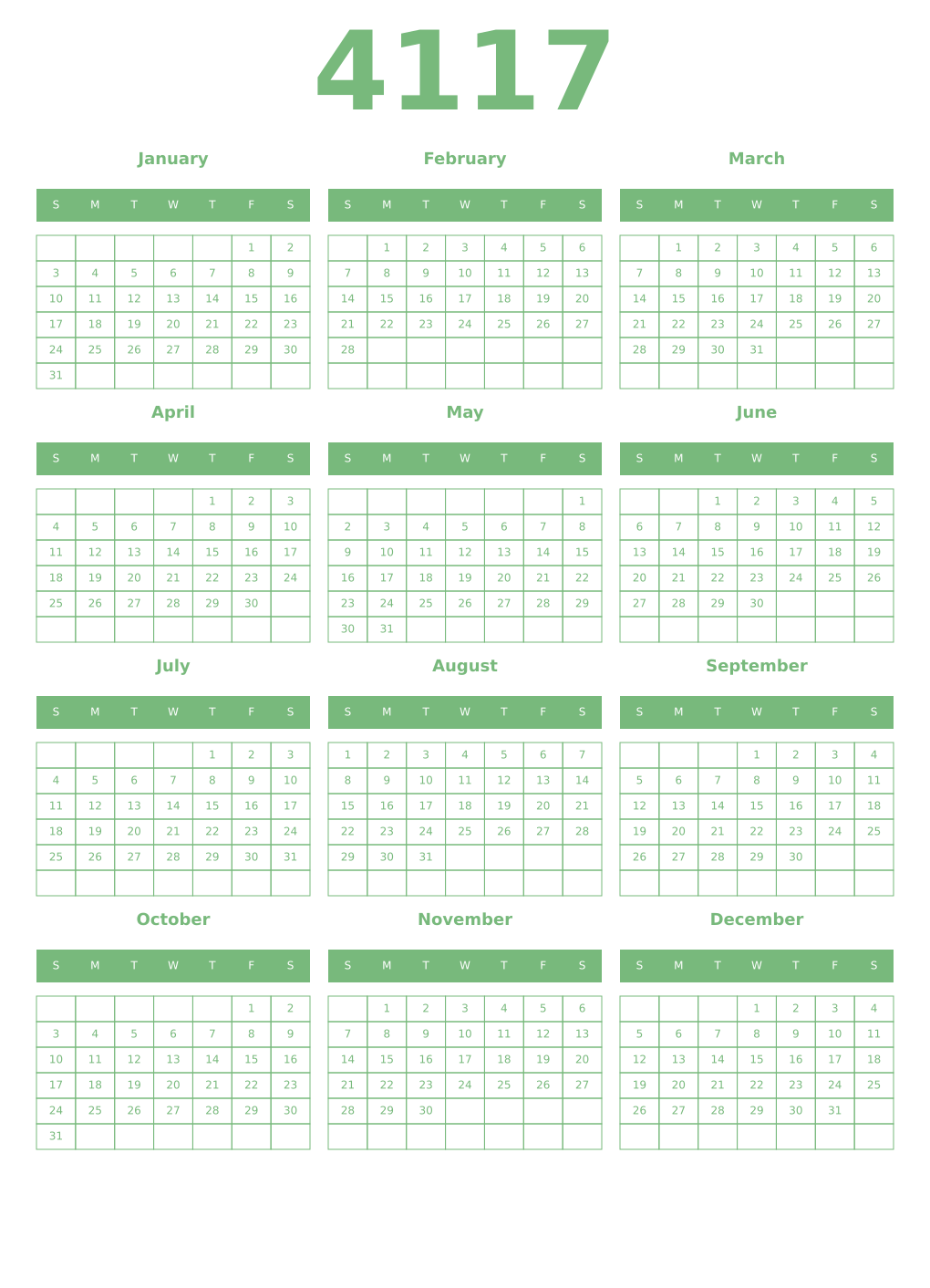Printable 4117 Year Calendars celadon
