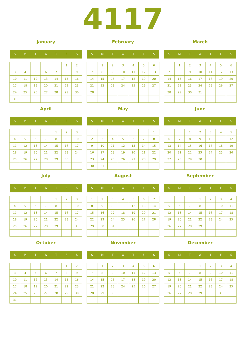 Printable 4117 Year Calendars chartreuse