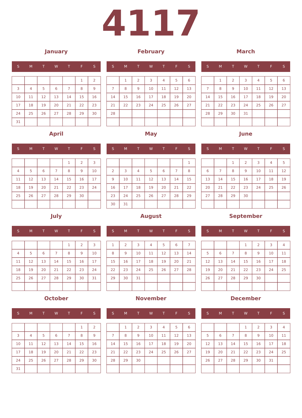 Printable 4117 Year Calendars cordovan